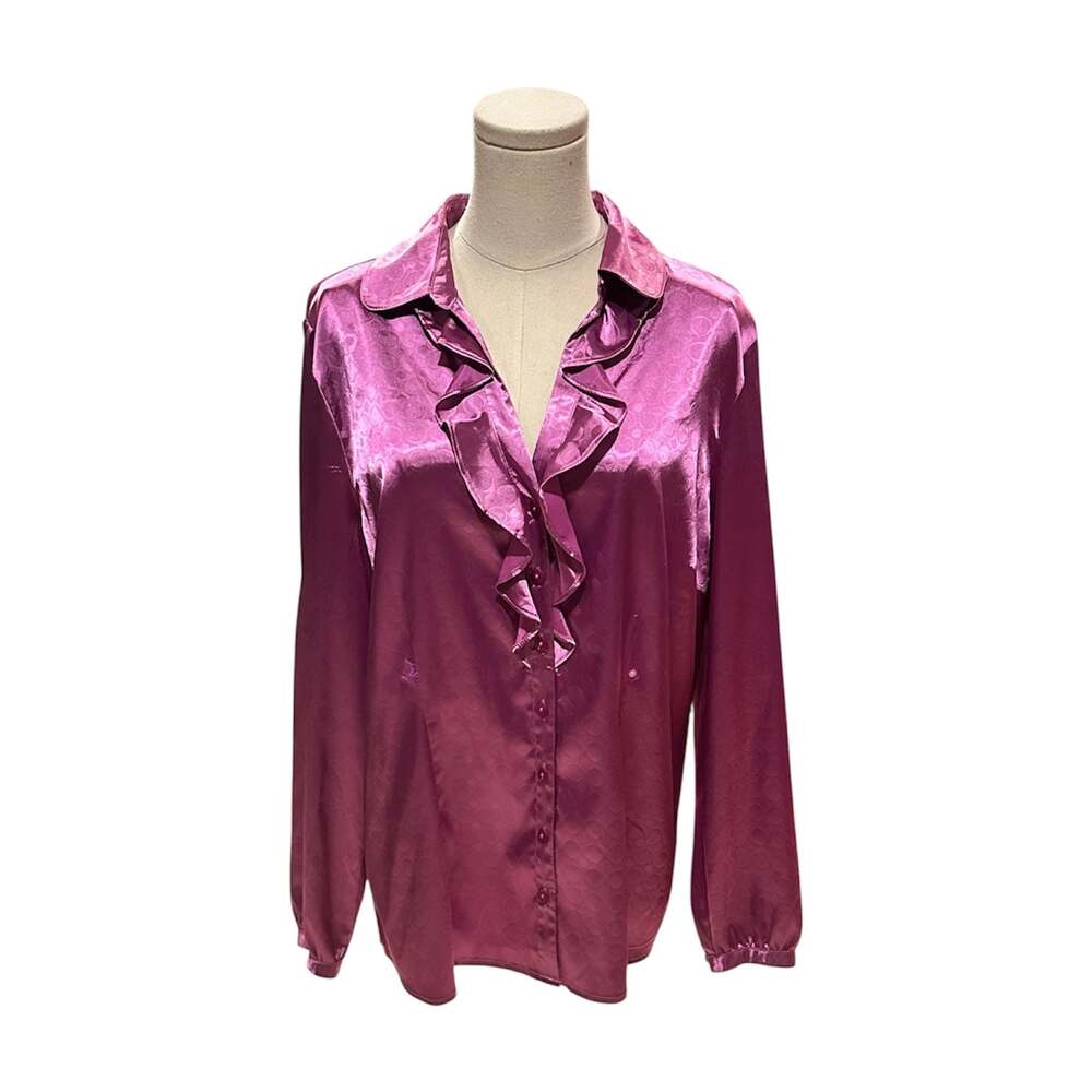 Croft & Barrow Stretch Purple Satin Long Sleeve Ruffle Front Blouse Women’s Sz L